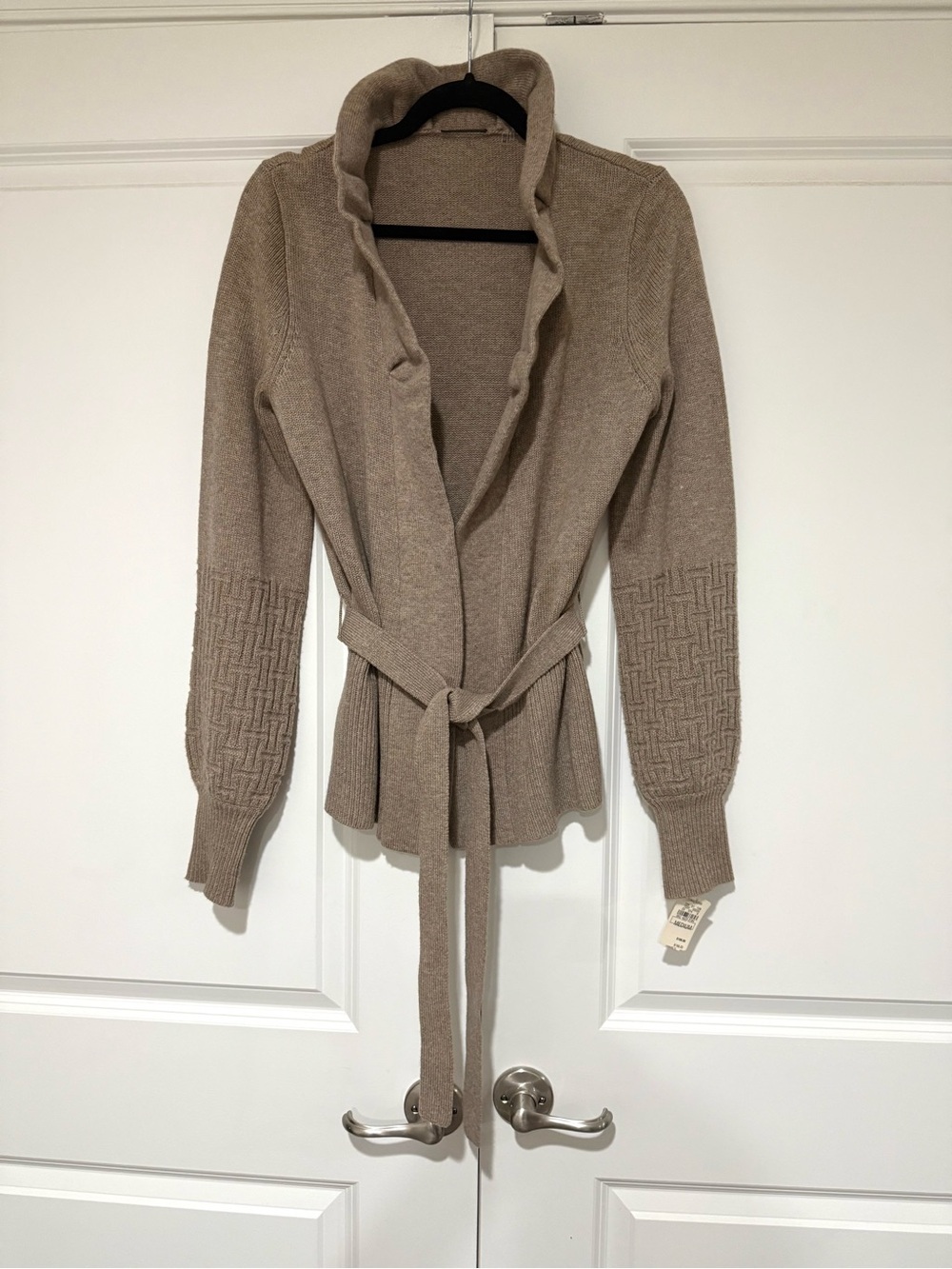 NWT Tahari Beige Lambswool Blend Belted Open-Front Sweater Cardigan